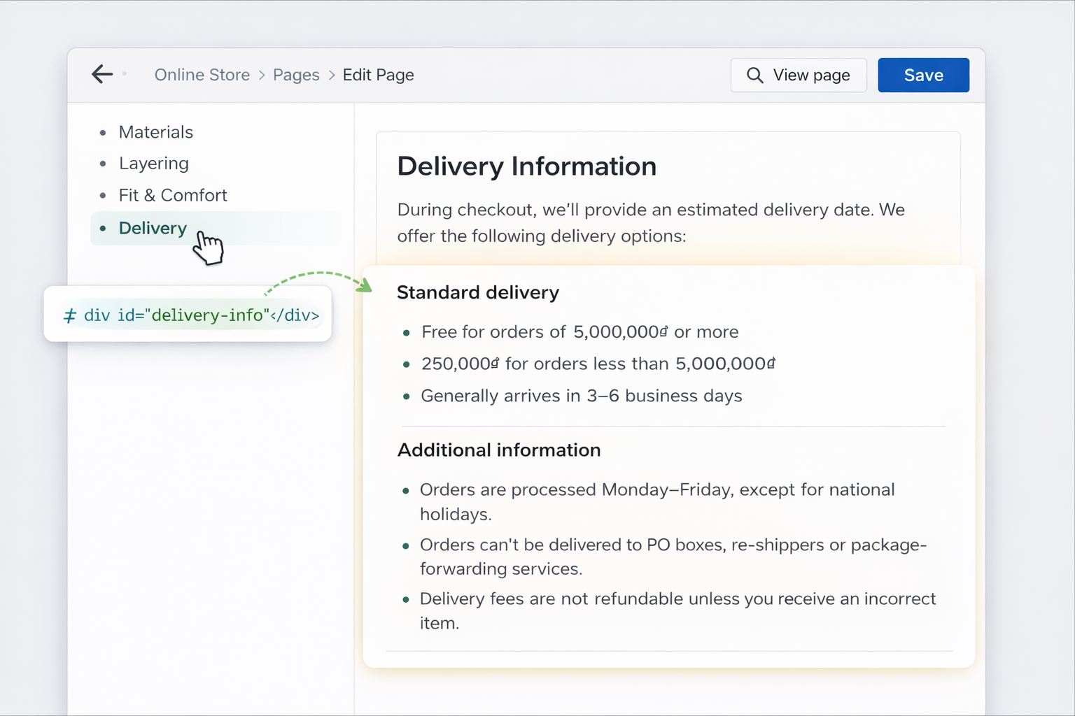 Add delivery anchor link to delivery page